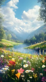 Mountain valley river with dense wildflower meadow foreground.