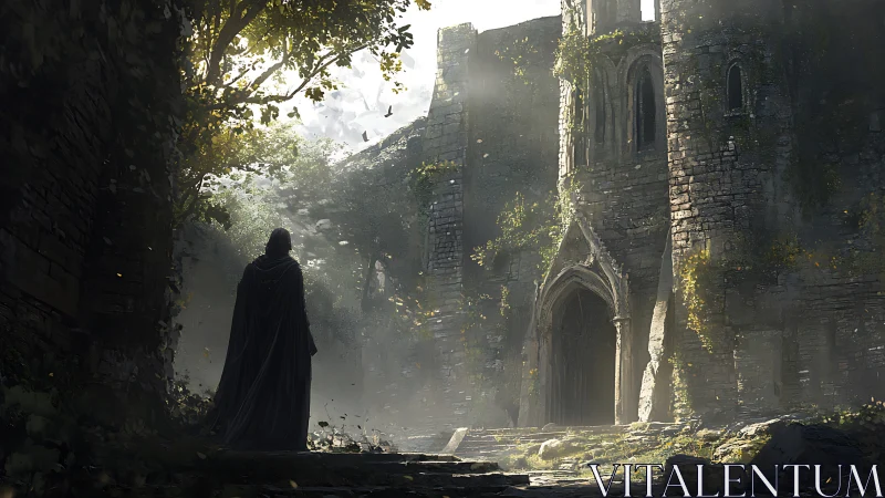 Shrouded wanderer enters sunlit ruins of forgotten citadel.