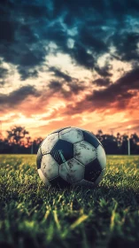 Weathered soccer ball catches last sunset light on field.
