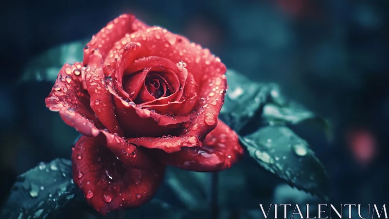 Crimson Rose with Dew Drops: Photorealistic Nature Study.