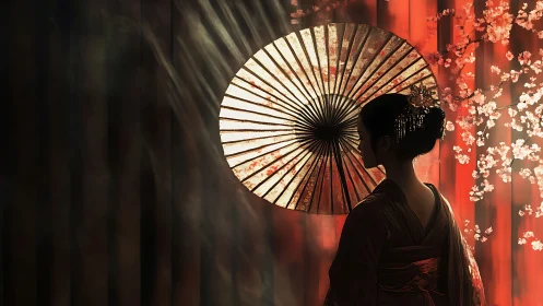 Soft lantern light and a quiet moment behind a parasol.