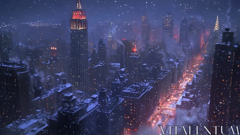 Snowy neon city skyline under deep blue winter night