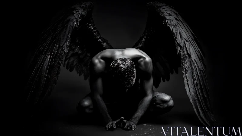 Winged male figure kneels in dramatic low key lighting