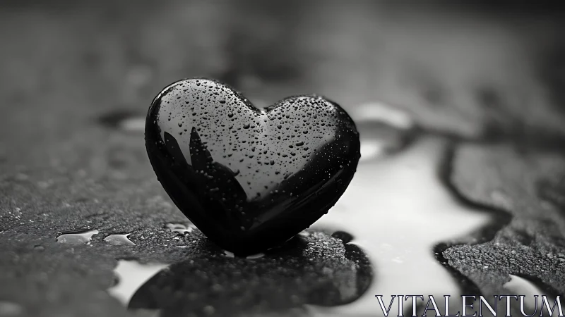 Water-Covered Heart on Wet Ground in Monochrome.