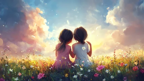 Two figures seated in wildflower meadow with dramatic atmospheric volumetric cloud rendering