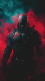 Armored masked warrior in red and teal smoke clouded scene.