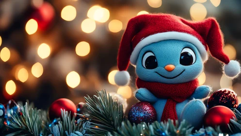 Photorealistic plush mascot in festive bokeh-lit composition.