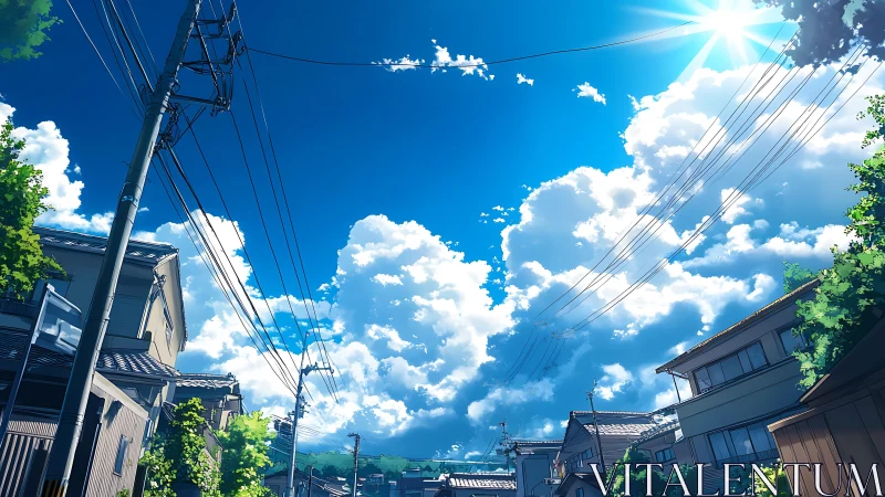 Sunny suburban street under vivid blue summer sky.