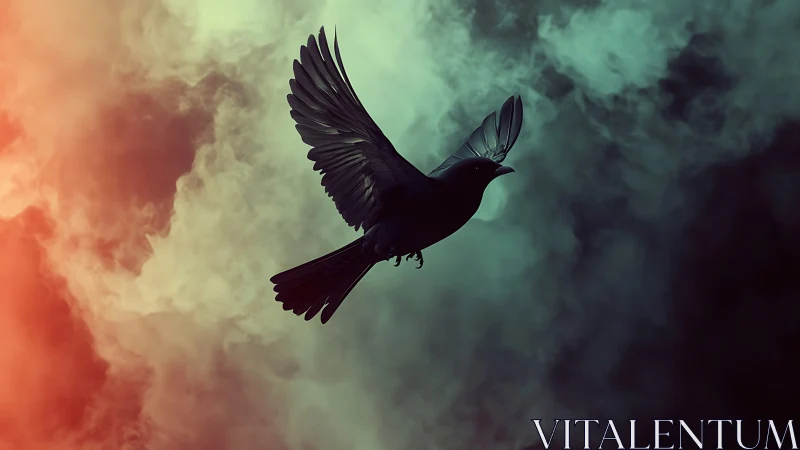 Silhouetted bird in flight against multicolored smoky sky.