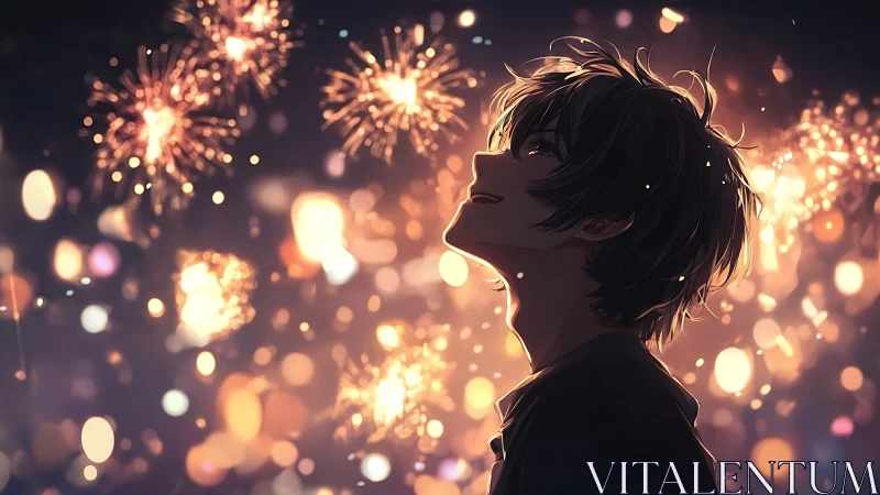 Anime boy watching golden fireworks in glowing night sky.