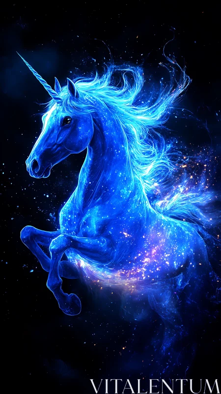 Celestial blue unicorn galloping through luminous stardust.
