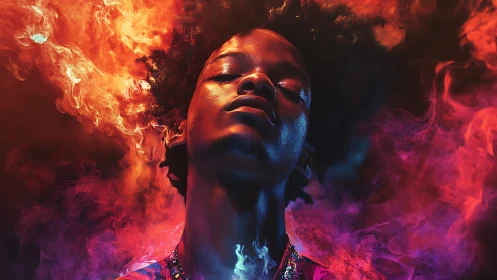 Portrait immersed in neon smoke and cinematic fire glow.