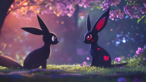 Two stylized bunny creatures share quiet moment beneath blossoms