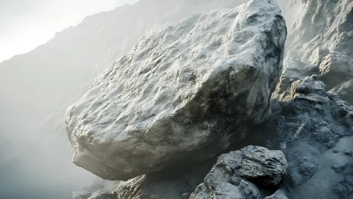 High-poly weathered boulder with volumetric fog and PBR shading