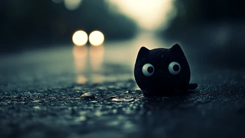 Toy cat on wet road under blurred headlights at dusk.