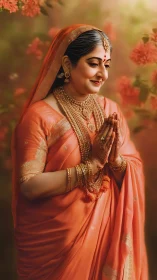 Smiling Indian woman in orange saree greets with folded hands