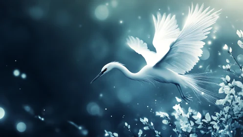 White heron in mid-flight over glowing abstract foliage