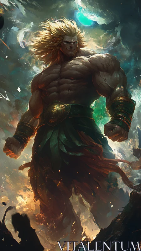 Mythic storm titan strides through shattered elemental sky.