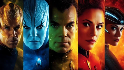 Chromatic sci fi crew portraits in high contrast lighting.