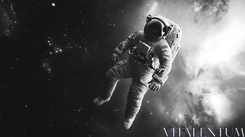 Solo astronaut drifts gently through a quiet starry cosmos.