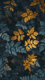 Yellow and blue-toned fern leaves form dense overlapping pattern