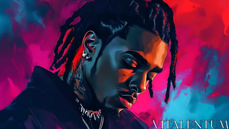 Moody portrait glows with bold neon blues and reds