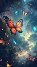 Enchanting forest butterflies drifting through twilight magic.