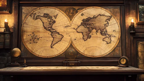 Cartographic observatory with twin vintage world projections.