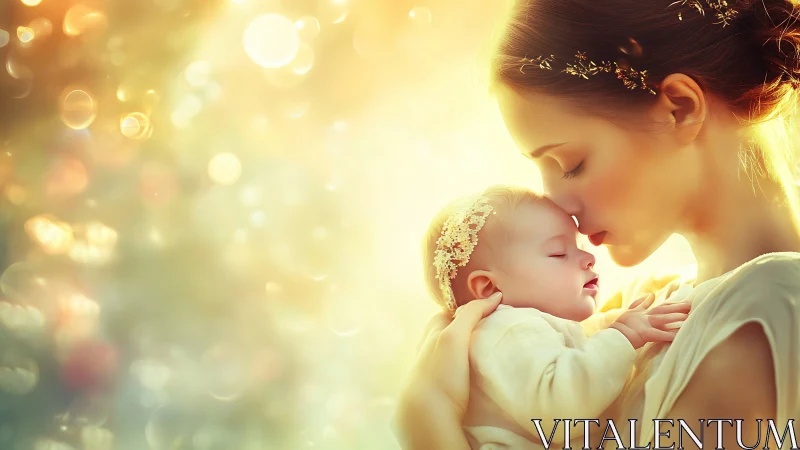 Golden Reverie: Mother's Tender Kiss Beneath Celestial Glow.