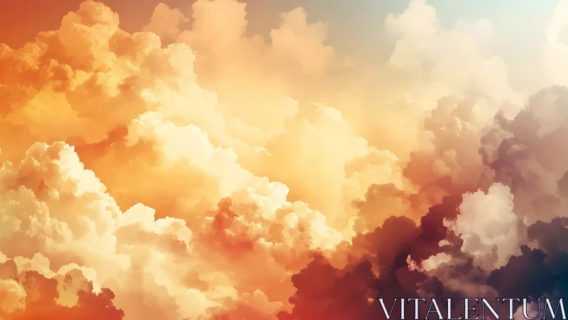 Sunlit cumulus clouds glow in layered warm evening sky