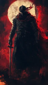 Blood-red moonlit knight in dark armor stands silent.
