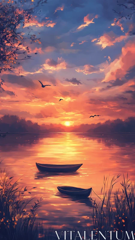 Sunset lake boats under blazing orange violet sky.