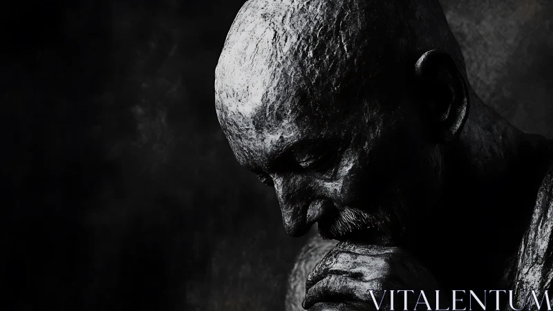 Brooding stone bust leans into shadowed, introspective silence
