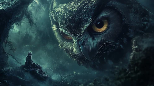 Colossal spectral owl dominates a mist-laden twilight forest