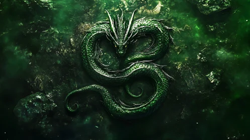 Emerald dragon curled in mystical swirling green depths.
