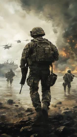 Soldiers advancing through firelit surf under stormy skies.