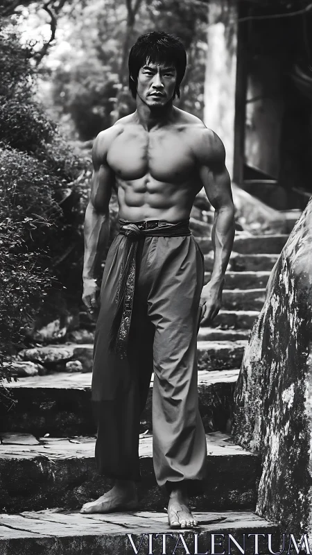 Martial artist poised on stone steps in moody monochrome.
