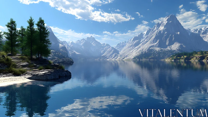 Sunlit alpine lake mirrors towering snowlit mountain peaks