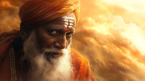 Sunlit Sage in Saffron Clouds Watching Quietly.