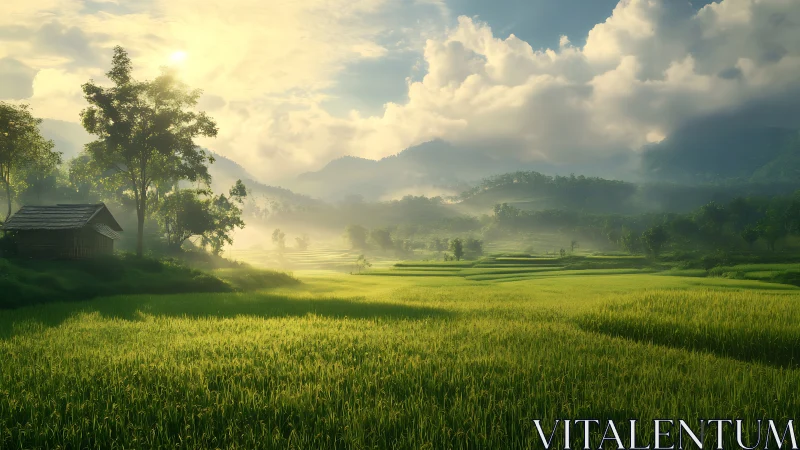 Luminous terraced rice valley in misty morning light panorama.
