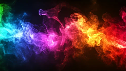 Vibrant multicolored smoke waves on dark black background.