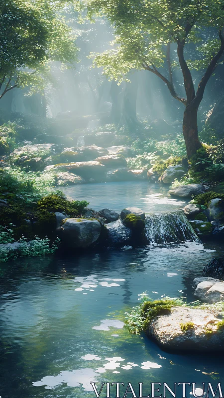 Tranquil Forest Stream with Misty Light and Ancient Trees.