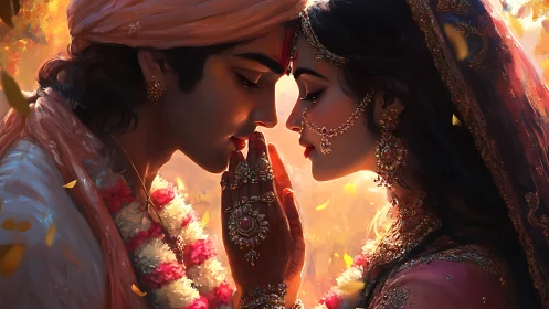 Ornate Reunion: Golden Hour Digital Portrait of South Asian Bride and Groom.