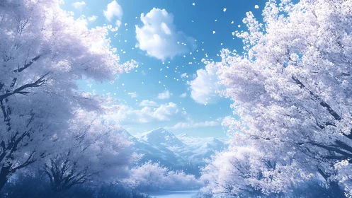 Snow covered cherry trees frame distant alpine mountains