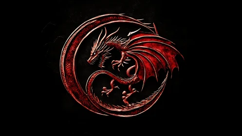 Embossed red dragon sigil coiled in circular heraldic emblem