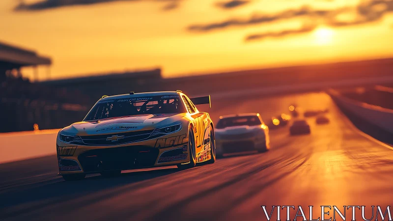 Stock car group on oval track in low sunset light.