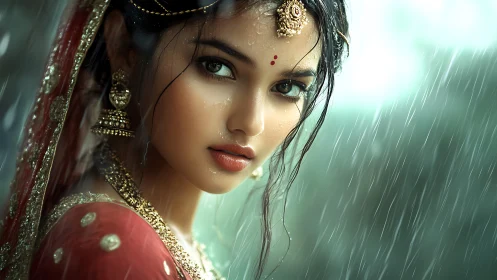 Photoreal Indian bridal portrait in monsoon rain close-up