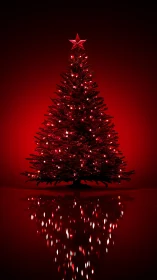Crimson Christmas tree glowing softly with mirrored lights.