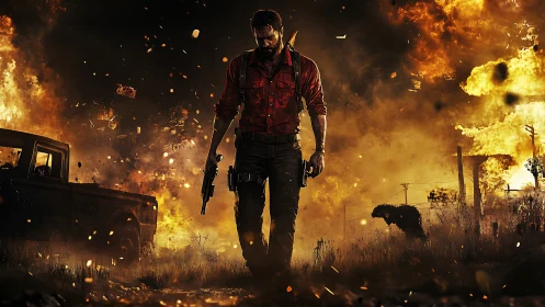 Gunman walks through burning battlefield with explosions