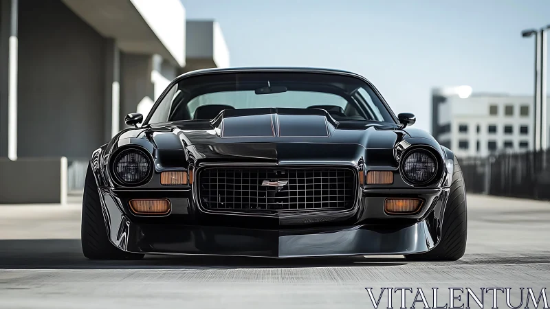 Low-slung black muscle car commands a modern urban rooftop.